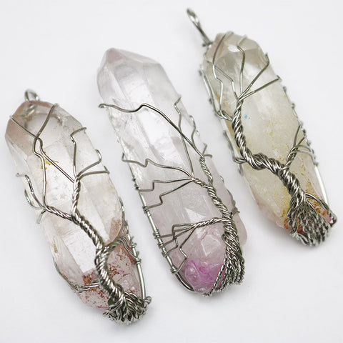 Natural Rainbow or Clear Quartz Tree Life Pendant